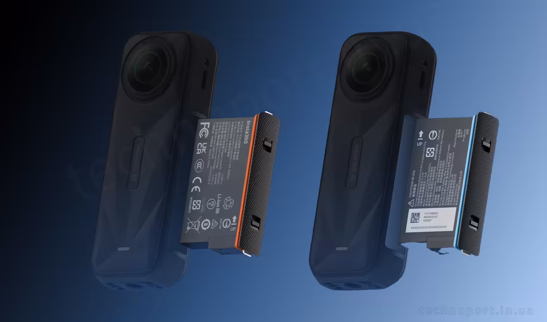 Порівняння двох батарей Insta360 X5: ліворуч Ultra Battery 2800 мА·год для довшої автономної роботи та праворуч стандартна 2400 мА·год для щоденної зйомки.