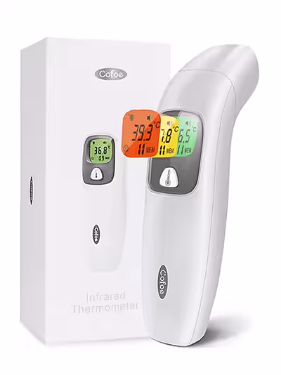 Бесконтактный ІЧ термометр белого цвета Cofoe возле фирменной коробки