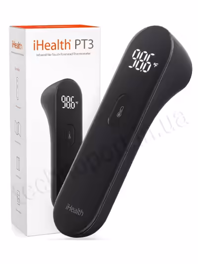 Бесконтактный термометр черного цвета iHealth PT3 возле фирменной коробки