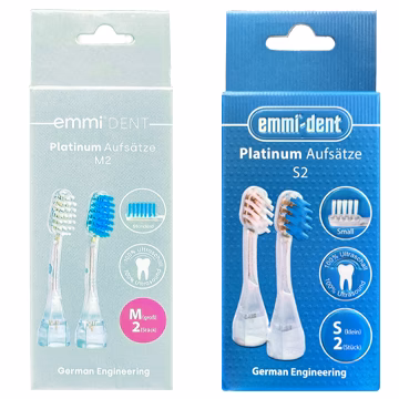 Упаковки насадок Emmi-Dent Platinum S2 і M2, по дві насадки з білою та блакитною щетиною для ультразвукових щіток