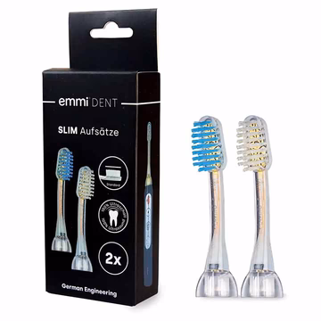 Чорна упаковка 2 насадок Emmi-Dent Slim стандартної форми та 2 насадки справа — з блакитною й білою щетиною